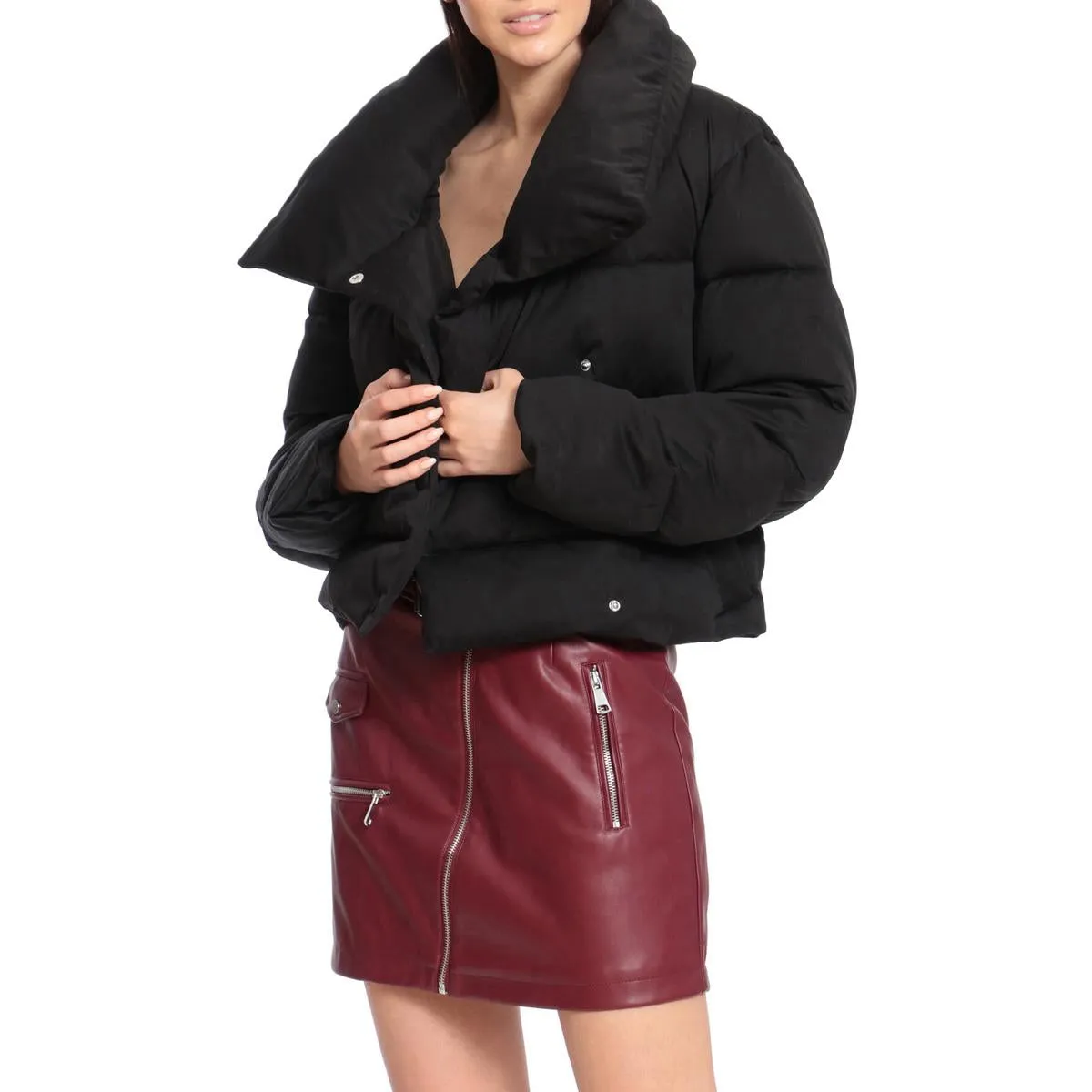 Avec Les Filles Women's Envelope Collar Short Puffer Coat
