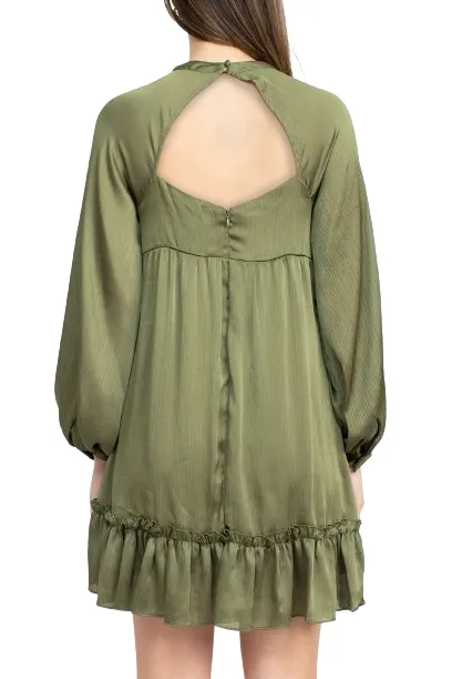 BCBG Generation Crew Neck Long Sleeve Ruffled Detail Cutout Back Solid Satin Dress