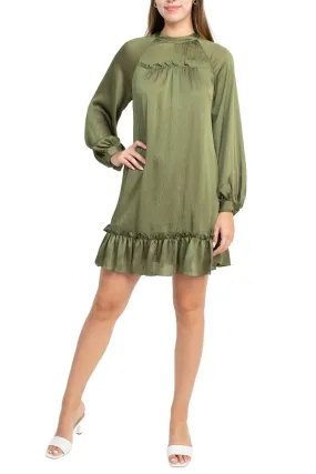 BCBG Generation Crew Neck Long Sleeve Ruffled Detail Cutout Back Solid Satin Dress