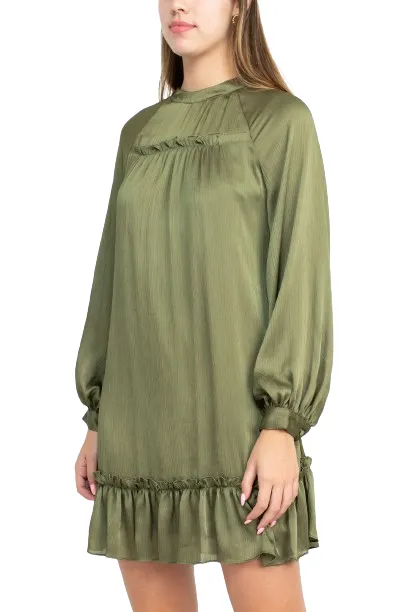 BCBG Generation Crew Neck Long Sleeve Ruffled Detail Cutout Back Solid Satin Dress