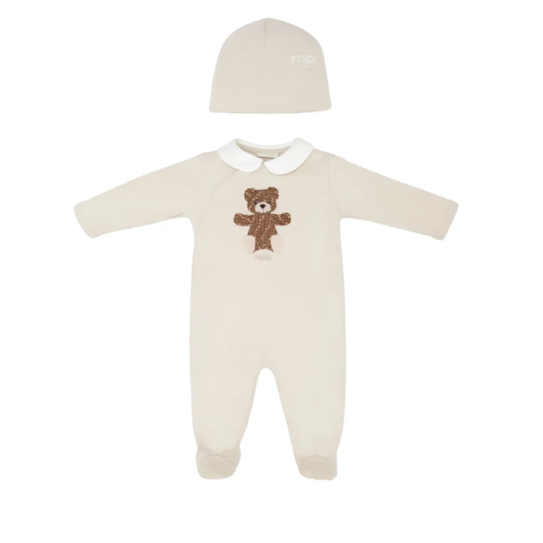 Beige Baby Unisex FF Bear Patch Footie   Hat