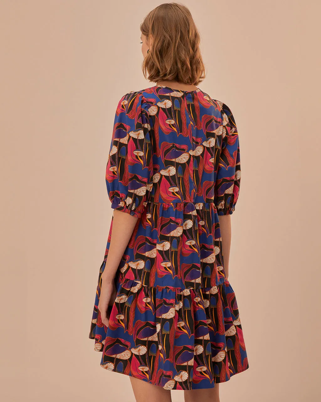 Black Wild Mushrooms Puff Sleeve Mini Dress