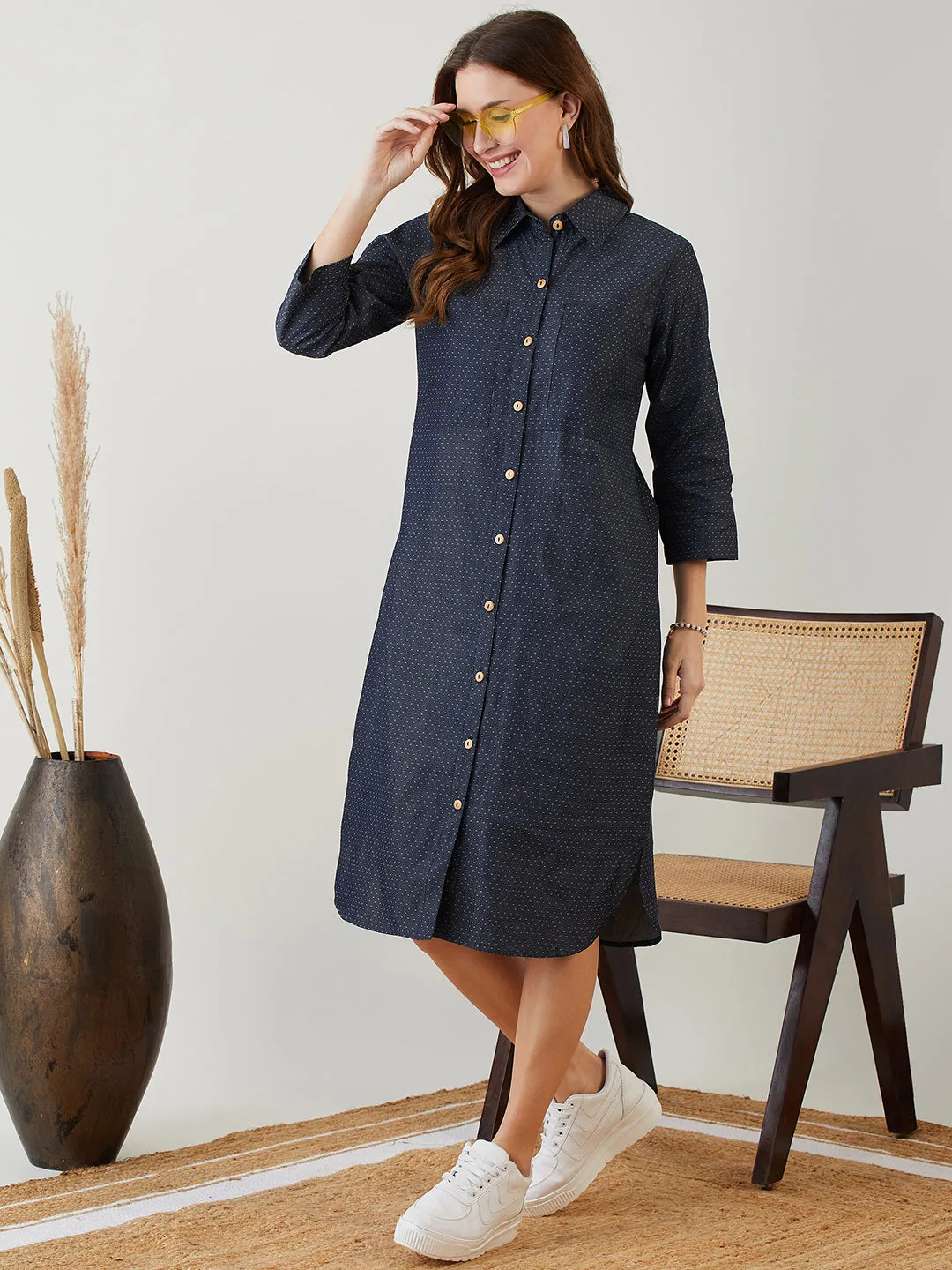 Blue Polka Dot Denim Shirt Dress
