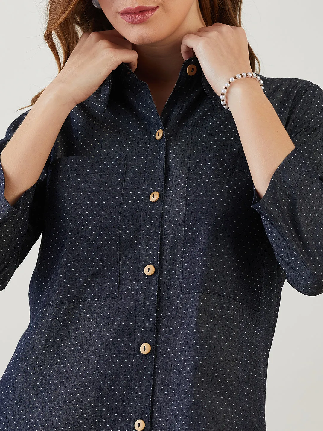 Blue Polka Dot Denim Shirt Dress