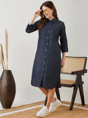 Blue Polka Dot Denim Shirt Dress