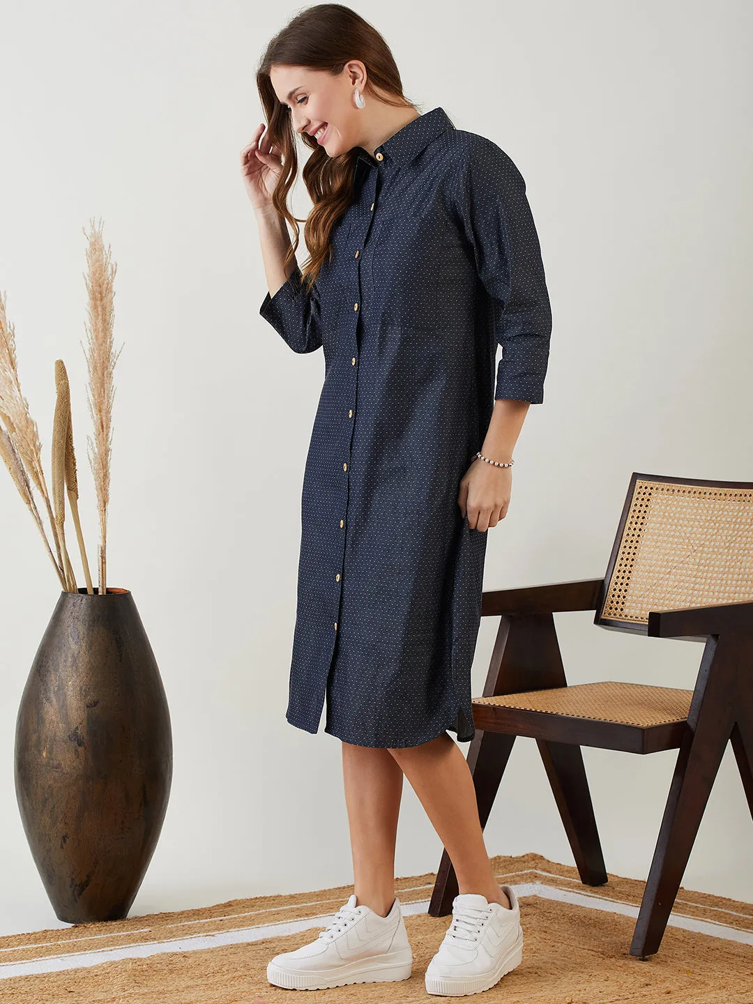 Blue Polka Dot Denim Shirt Dress