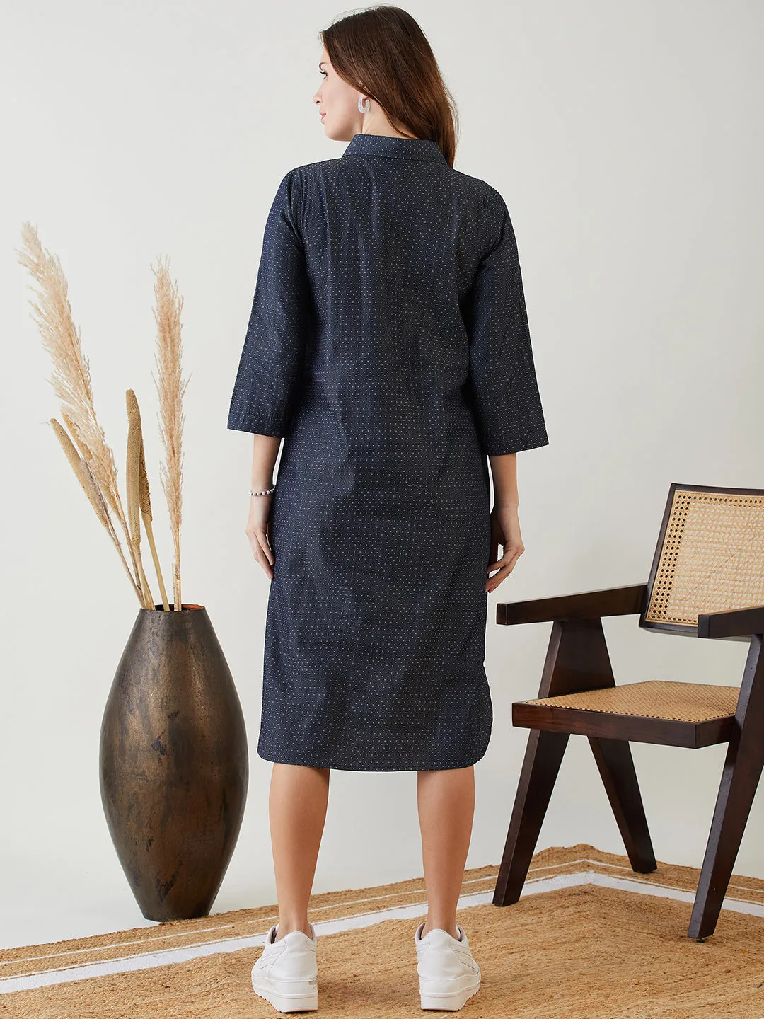 Blue Polka Dot Denim Shirt Dress