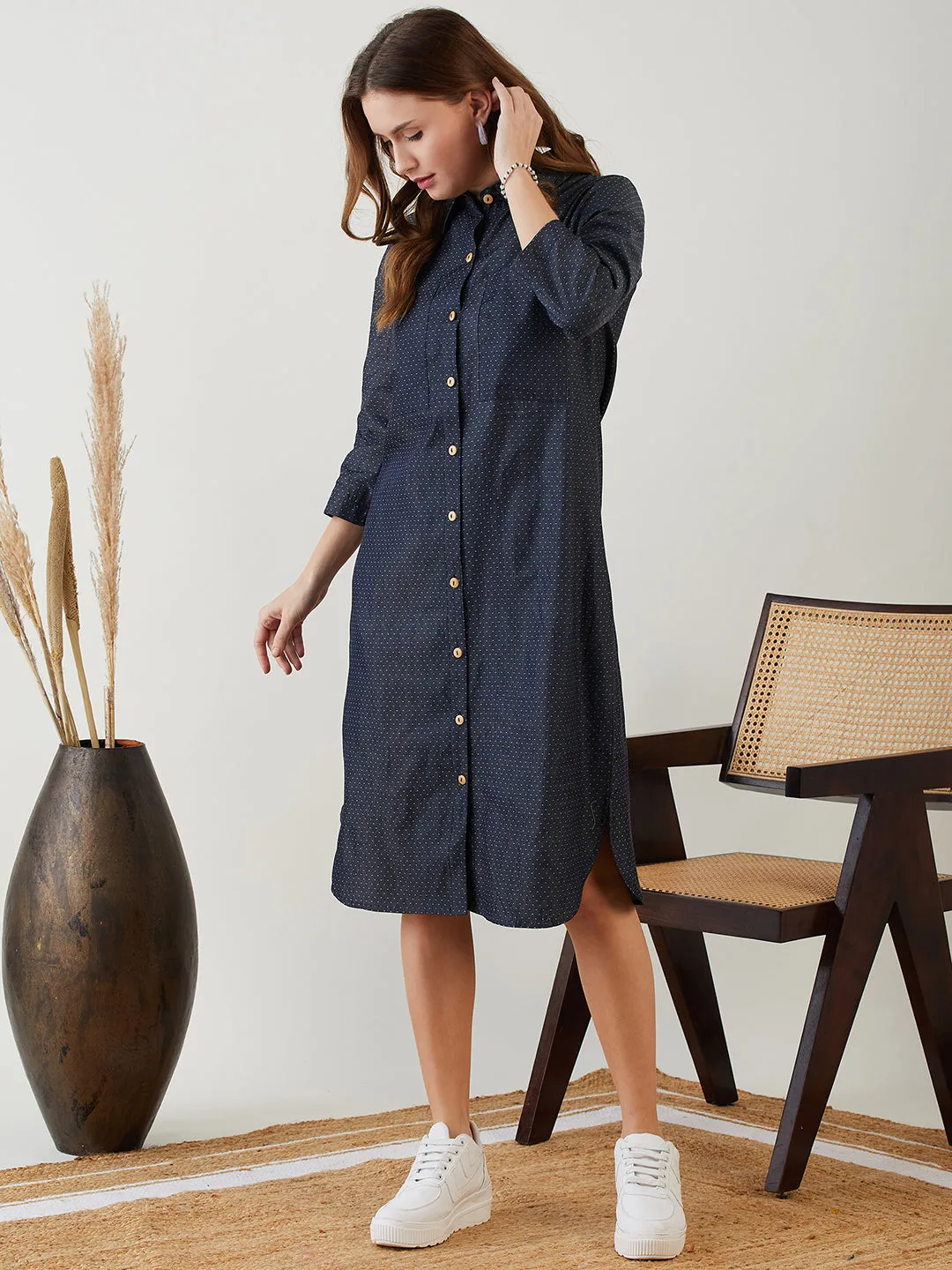 Blue Polka Dot Denim Shirt Dress