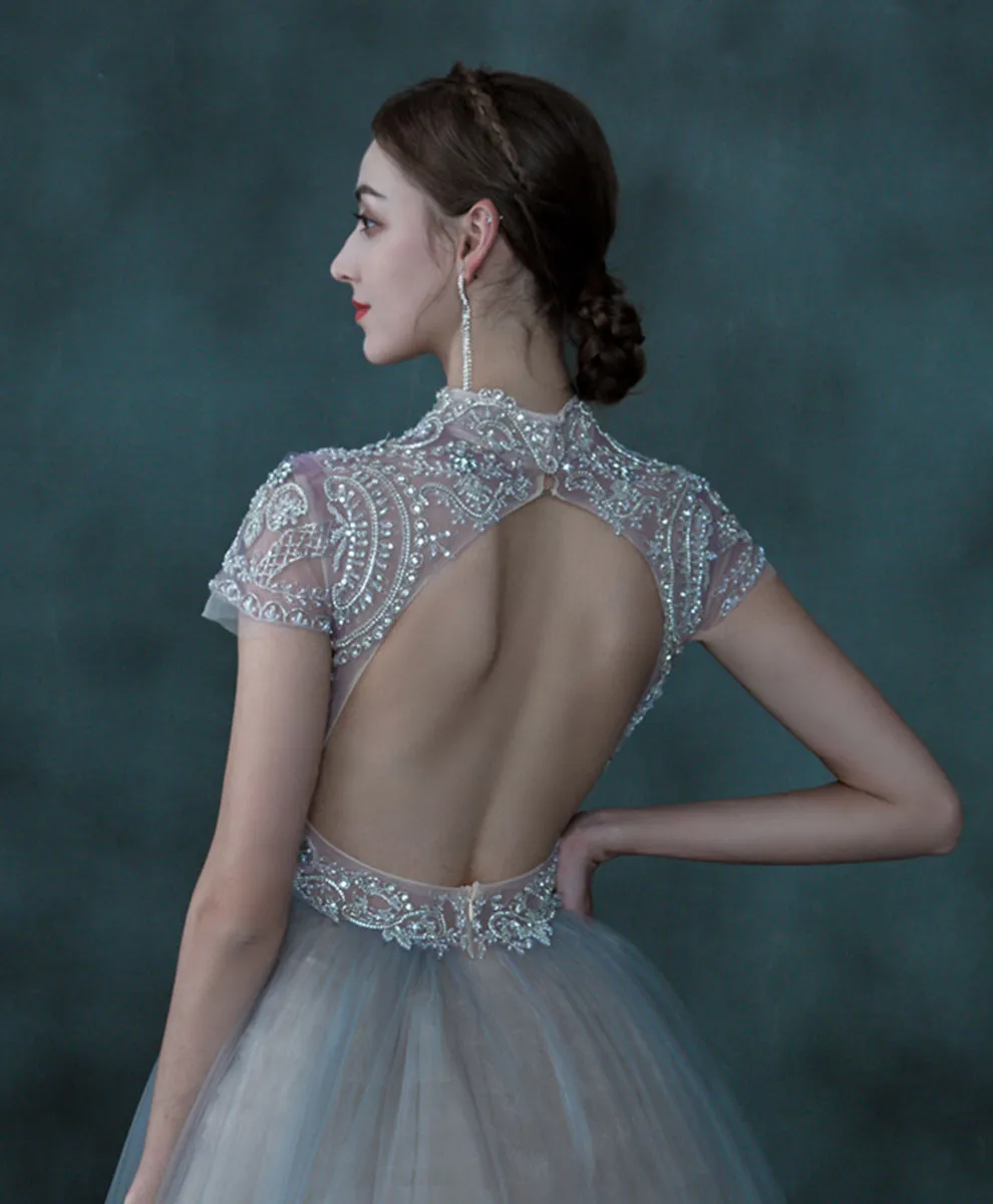 Blue Tulle Sequin Beading Long Prom Dress, Blue Aline Tulle Evening Dress