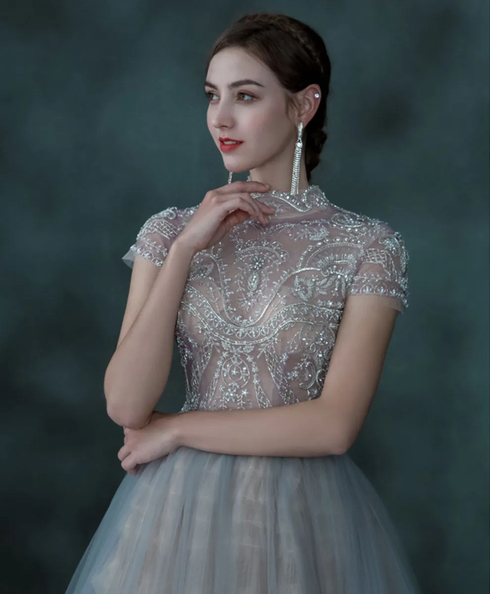 Blue Tulle Sequin Beading Long Prom Dress, Blue Aline Tulle Evening Dress