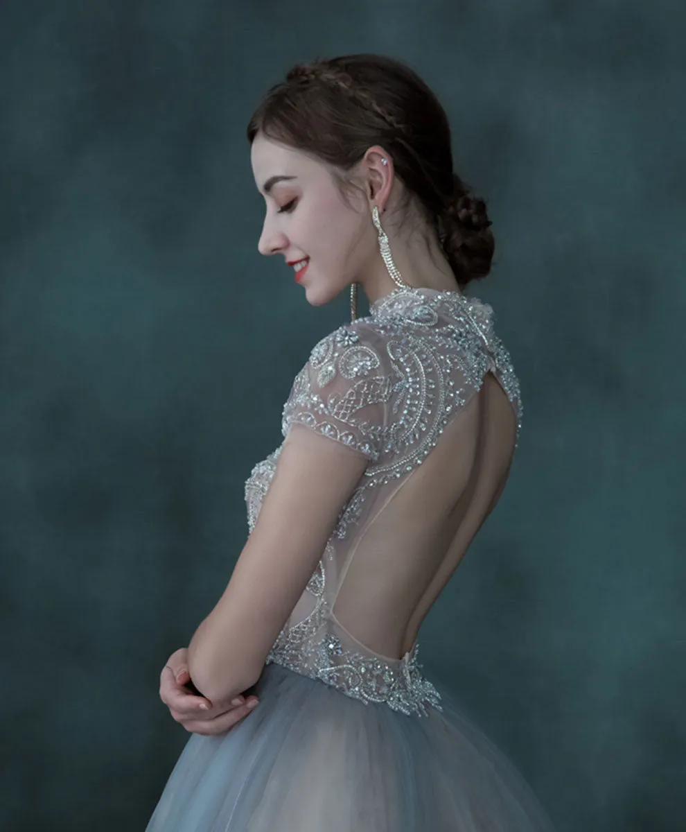 Blue Tulle Sequin Beading Long Prom Dress, Blue Aline Tulle Evening Dress