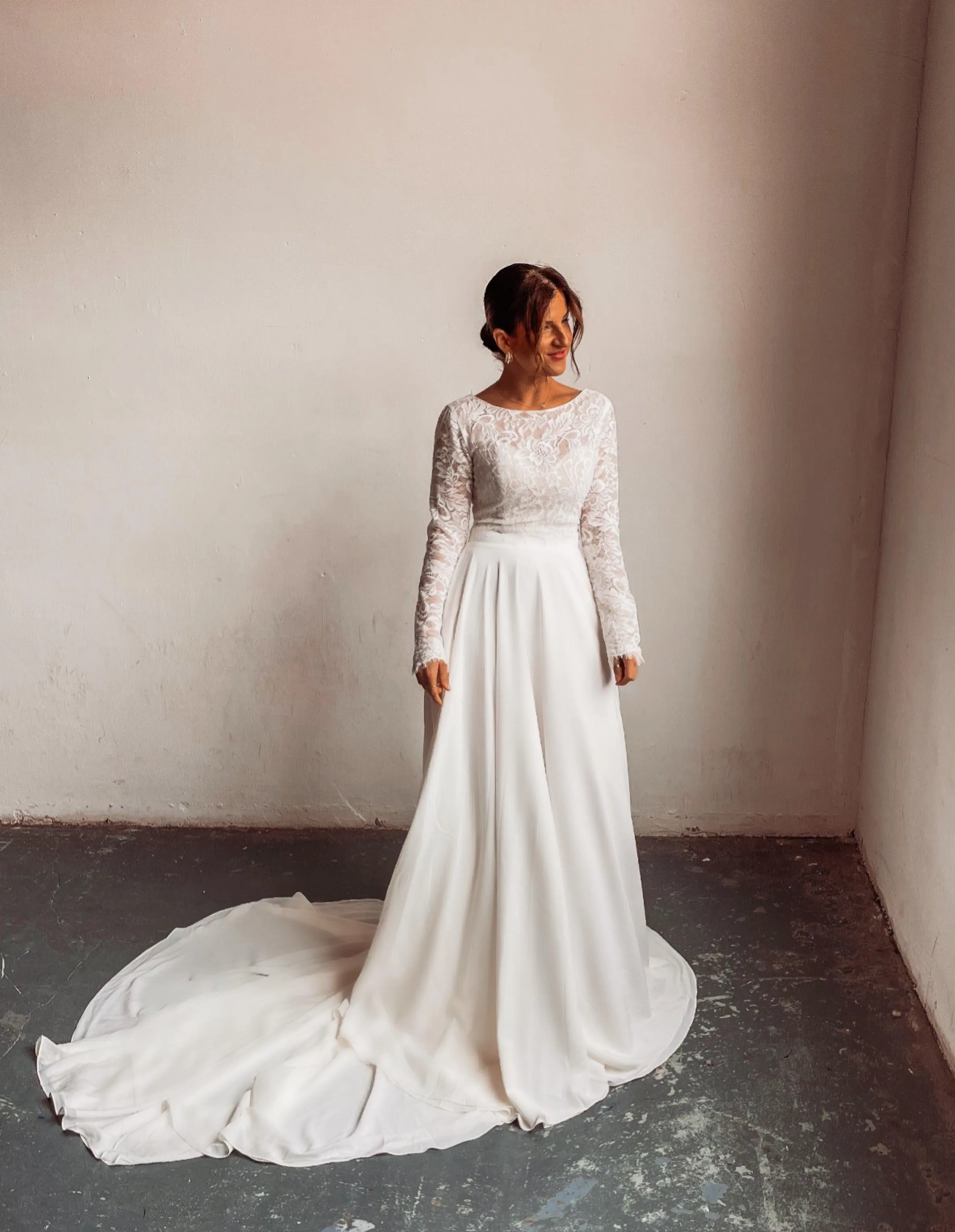 Boho Two Piece Lace Wedding Dress with Chiffon Skirt