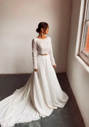 Boho Two Piece Lace Wedding Dress with Chiffon Skirt