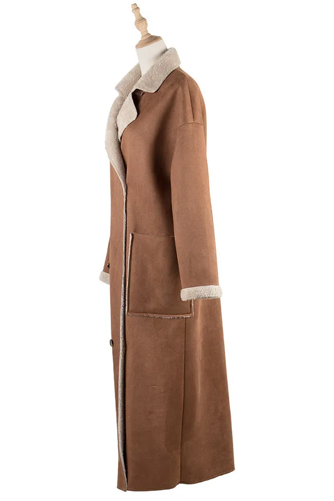 Brown Sherpa Lining Suede Long Winter Outfuts Coat