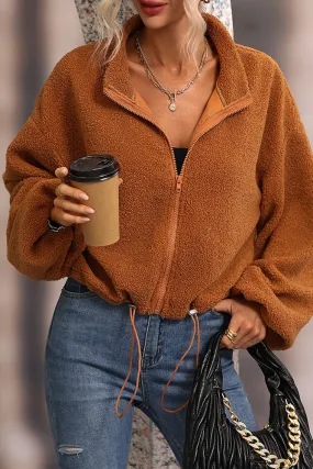 Brown Zipper Up Drawstring Hemline Oversized Fleece Jackets