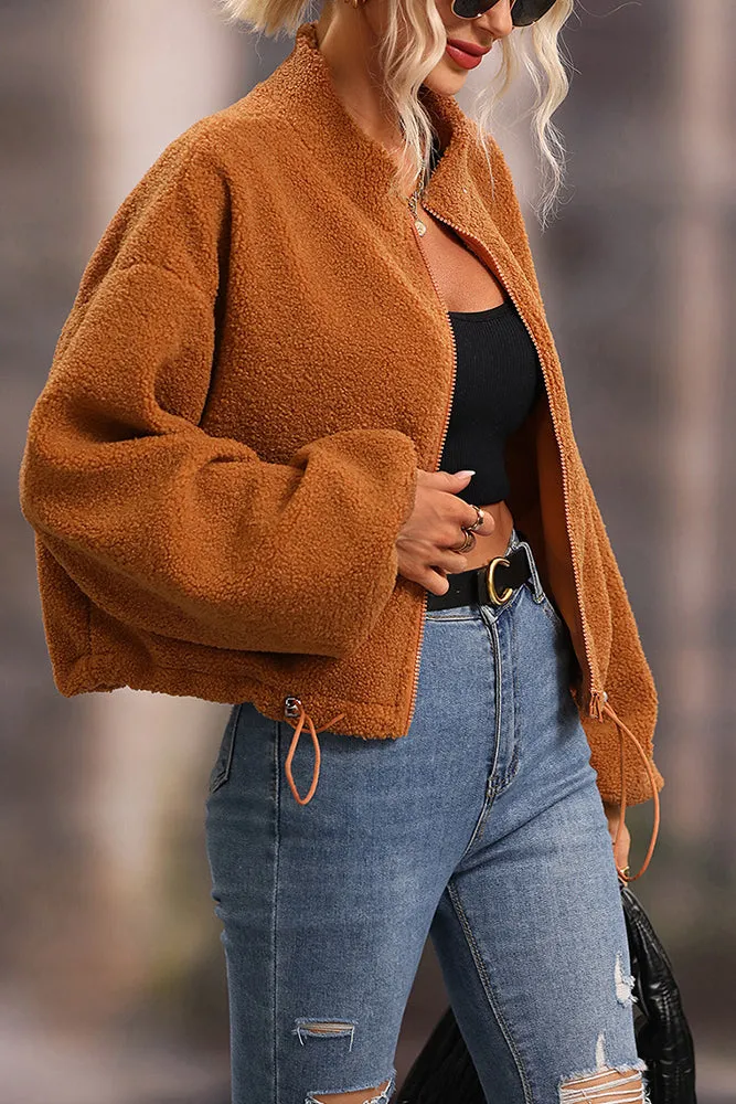 Brown Zipper Up Drawstring Hemline Oversized Fleece Jackets
