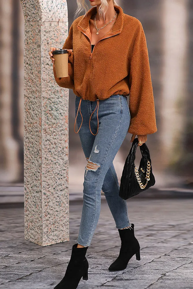 Brown Zipper Up Drawstring Hemline Oversized Fleece Jackets