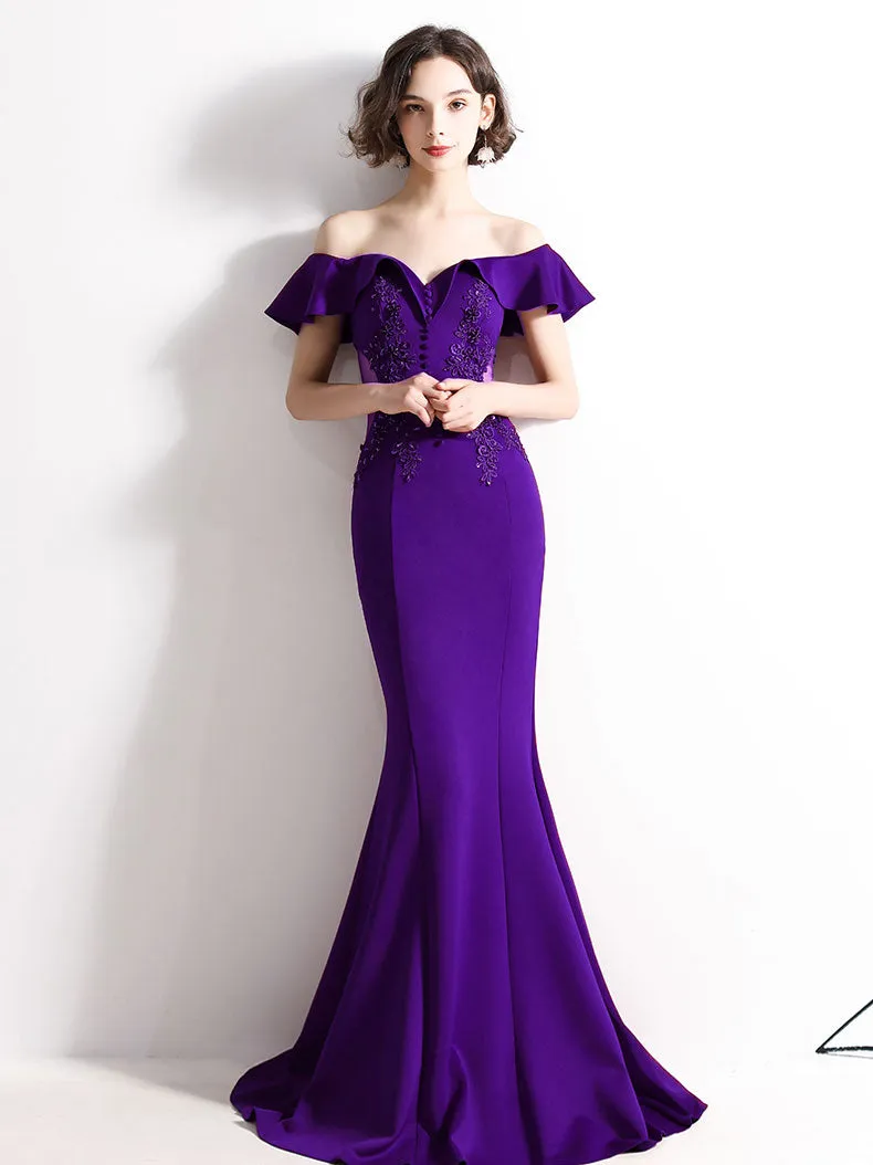 Burgundy Off Shoulder Satin Lace Long Prom Dress, Burgundy Evening Dresses
