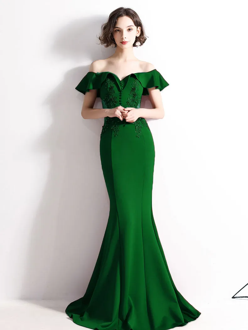 Burgundy Off Shoulder Satin Lace Long Prom Dress, Burgundy Evening Dresses