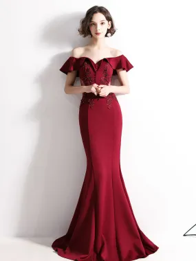 Burgundy Off Shoulder Satin Lace Long Prom Dress, Burgundy Evening Dresses