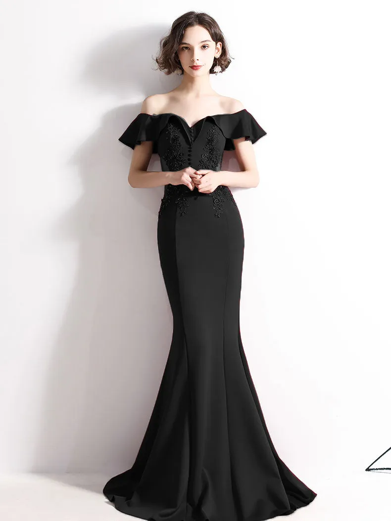 Burgundy Off Shoulder Satin Lace Long Prom Dress, Burgundy Evening Dresses