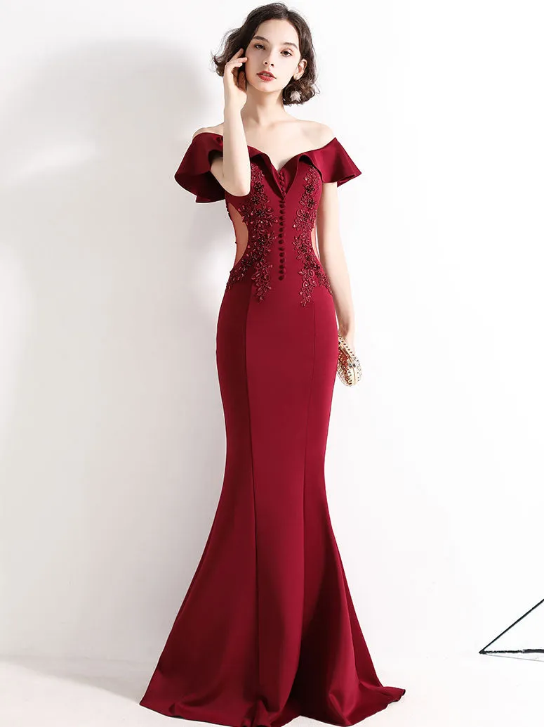 Burgundy Off Shoulder Satin Lace Long Prom Dress, Burgundy Evening Dresses