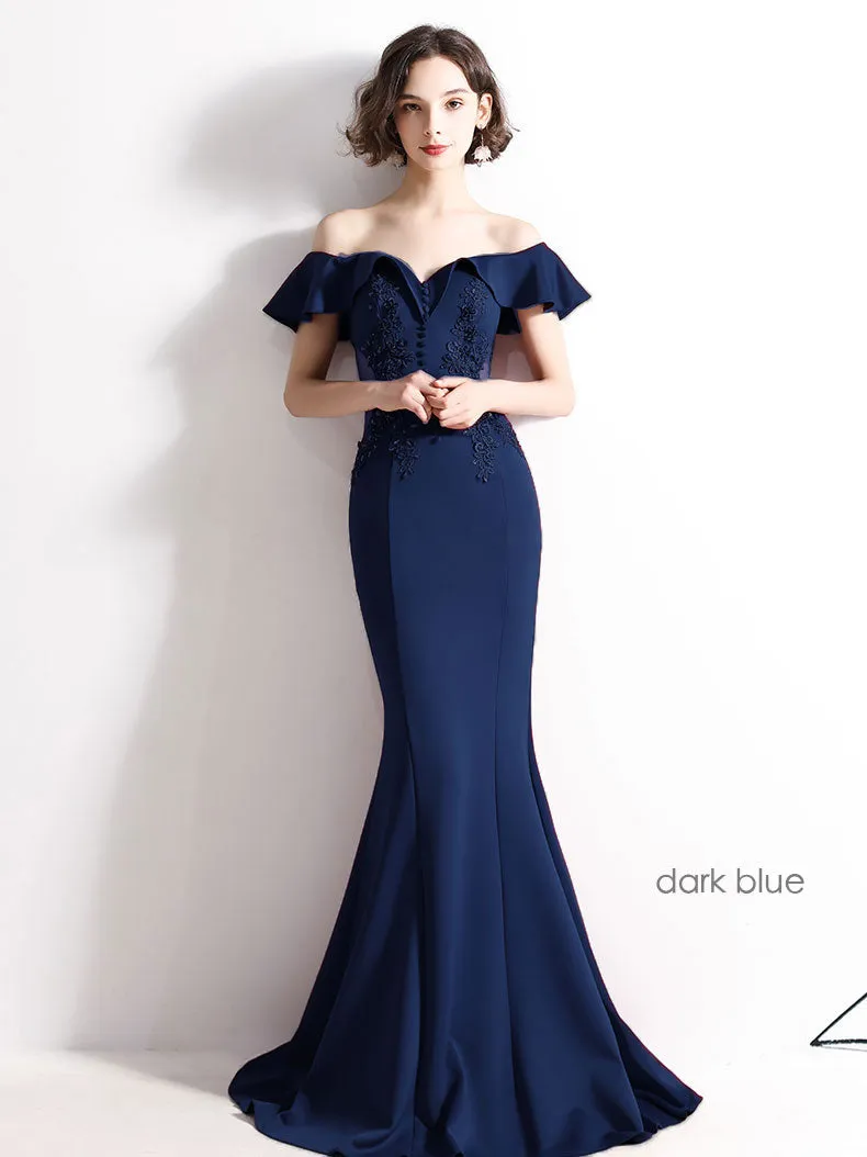Burgundy Off Shoulder Satin Lace Long Prom Dress, Burgundy Evening Dresses
