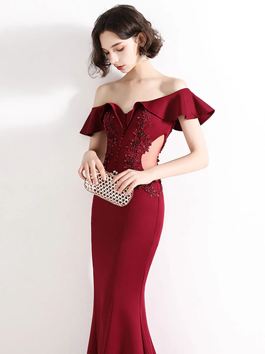 Burgundy Off Shoulder Satin Lace Long Prom Dress, Burgundy Evening Dresses
