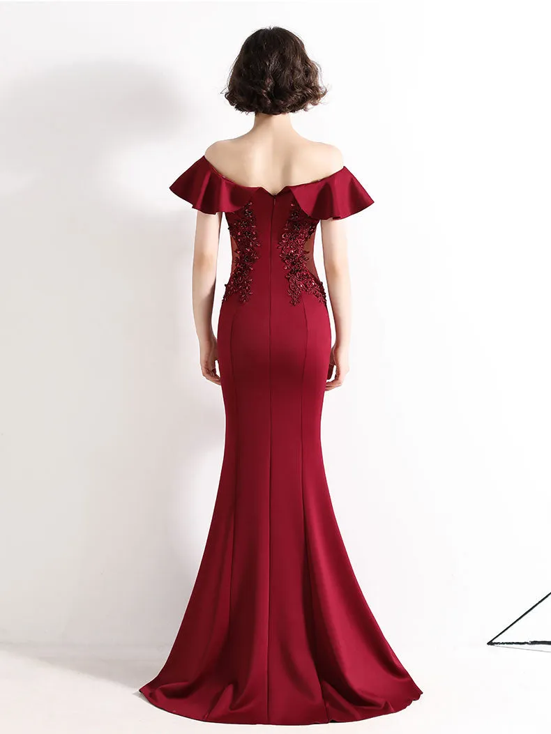 Burgundy Off Shoulder Satin Lace Long Prom Dress, Burgundy Evening Dresses