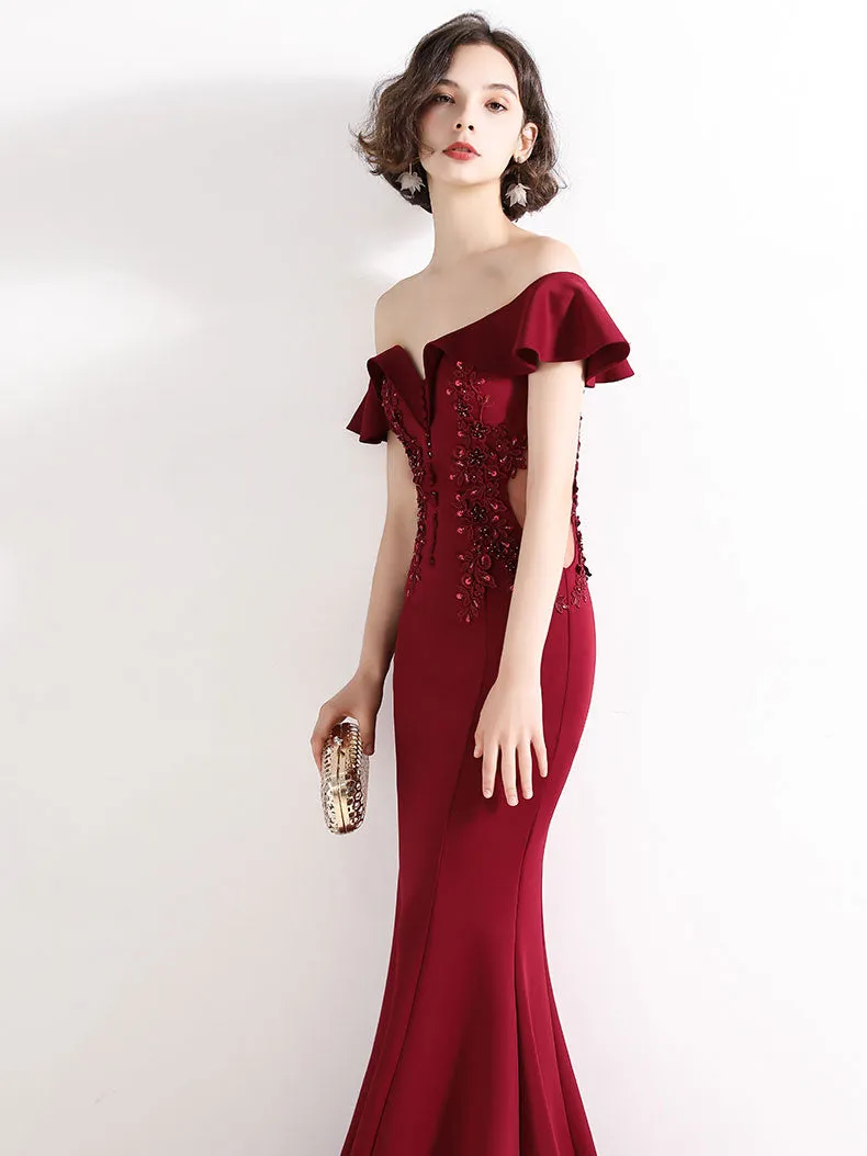Burgundy Off Shoulder Satin Lace Long Prom Dress, Burgundy Evening Dresses