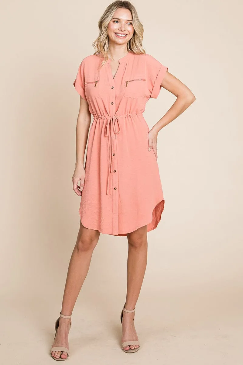 Button up Tie Waist V neck Shirt Dress