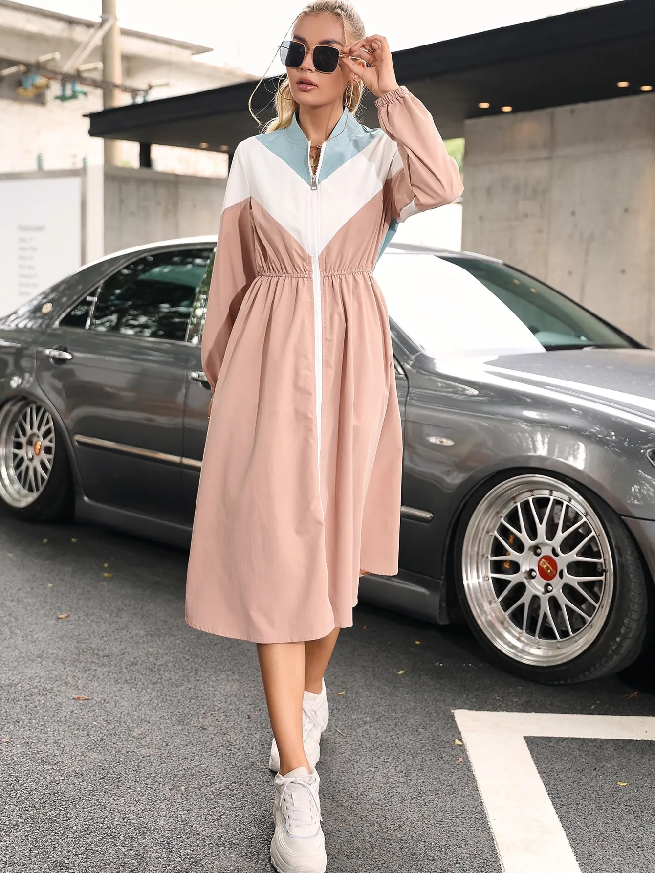 Casual Colorblock Zipper Long Sleeve Stand Collar Knee Length Women Trench Coat