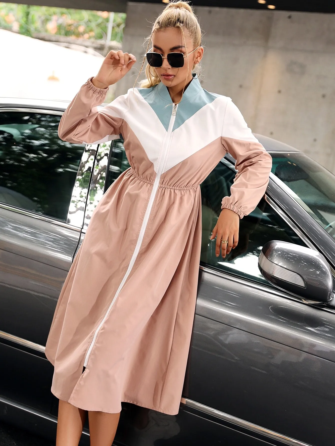 Casual Colorblock Zipper Long Sleeve Stand Collar Knee Length Women Trench Coat