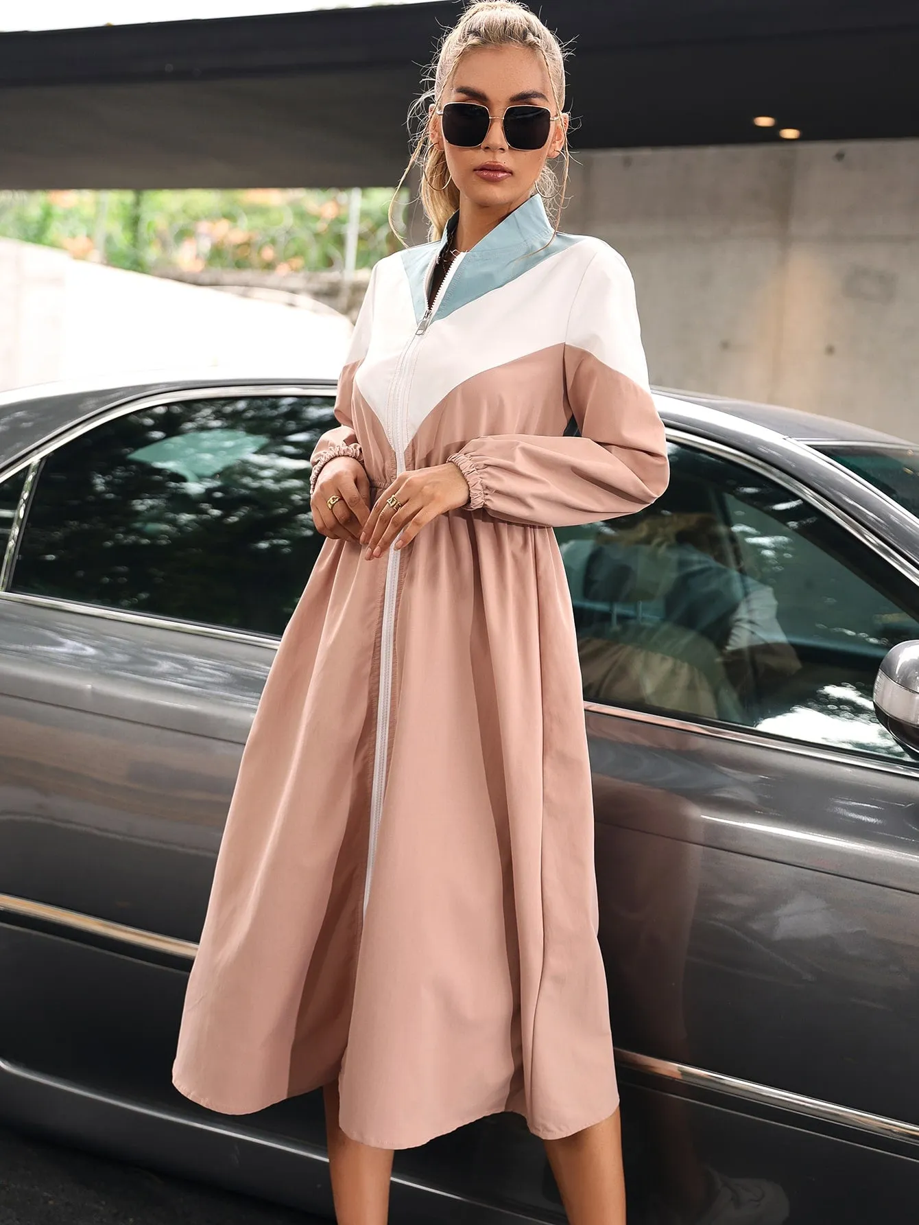 Casual Colorblock Zipper Long Sleeve Stand Collar Knee Length Women Trench Coat