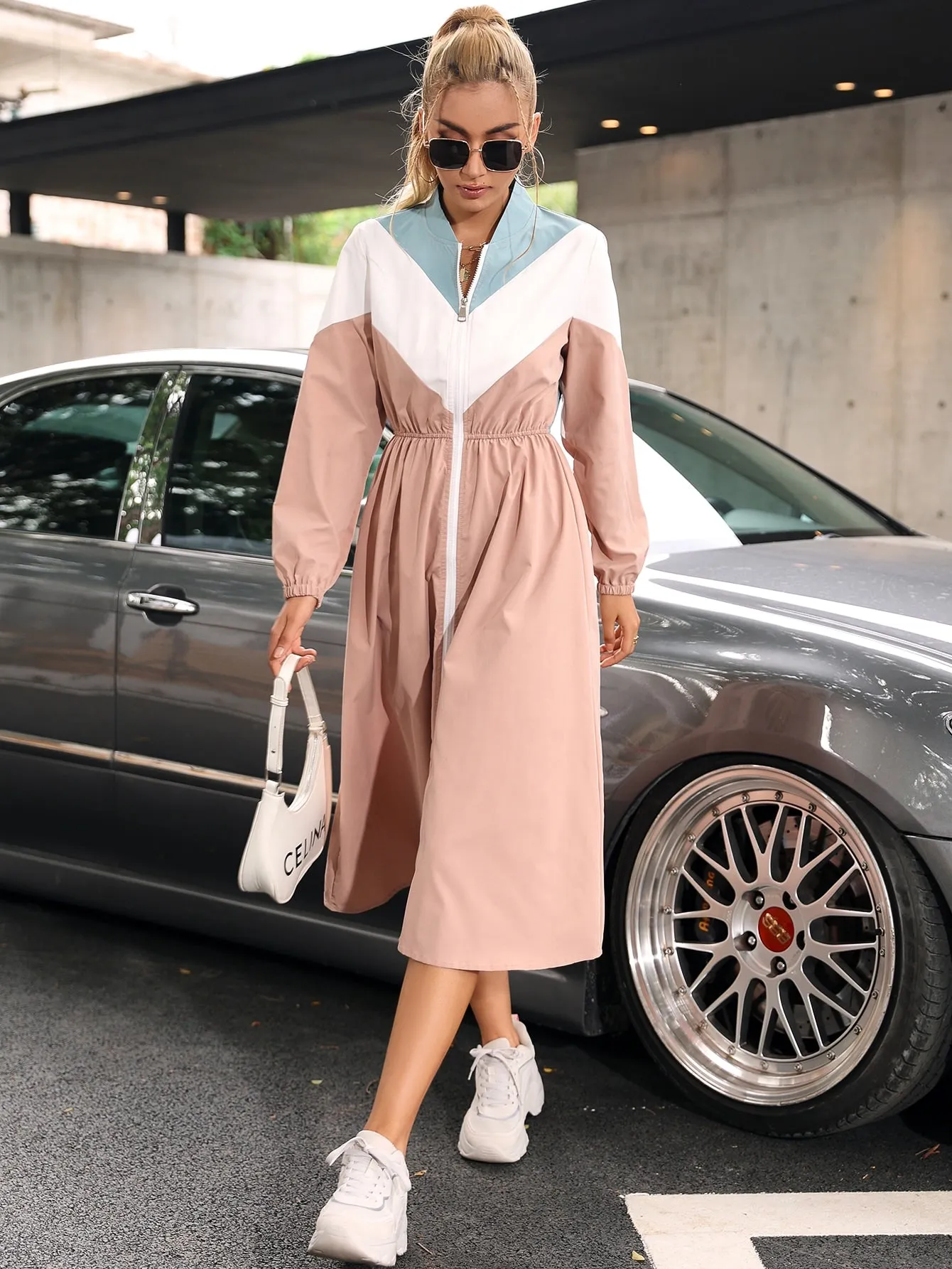 Casual Colorblock Zipper Long Sleeve Stand Collar Knee Length Women Trench Coat