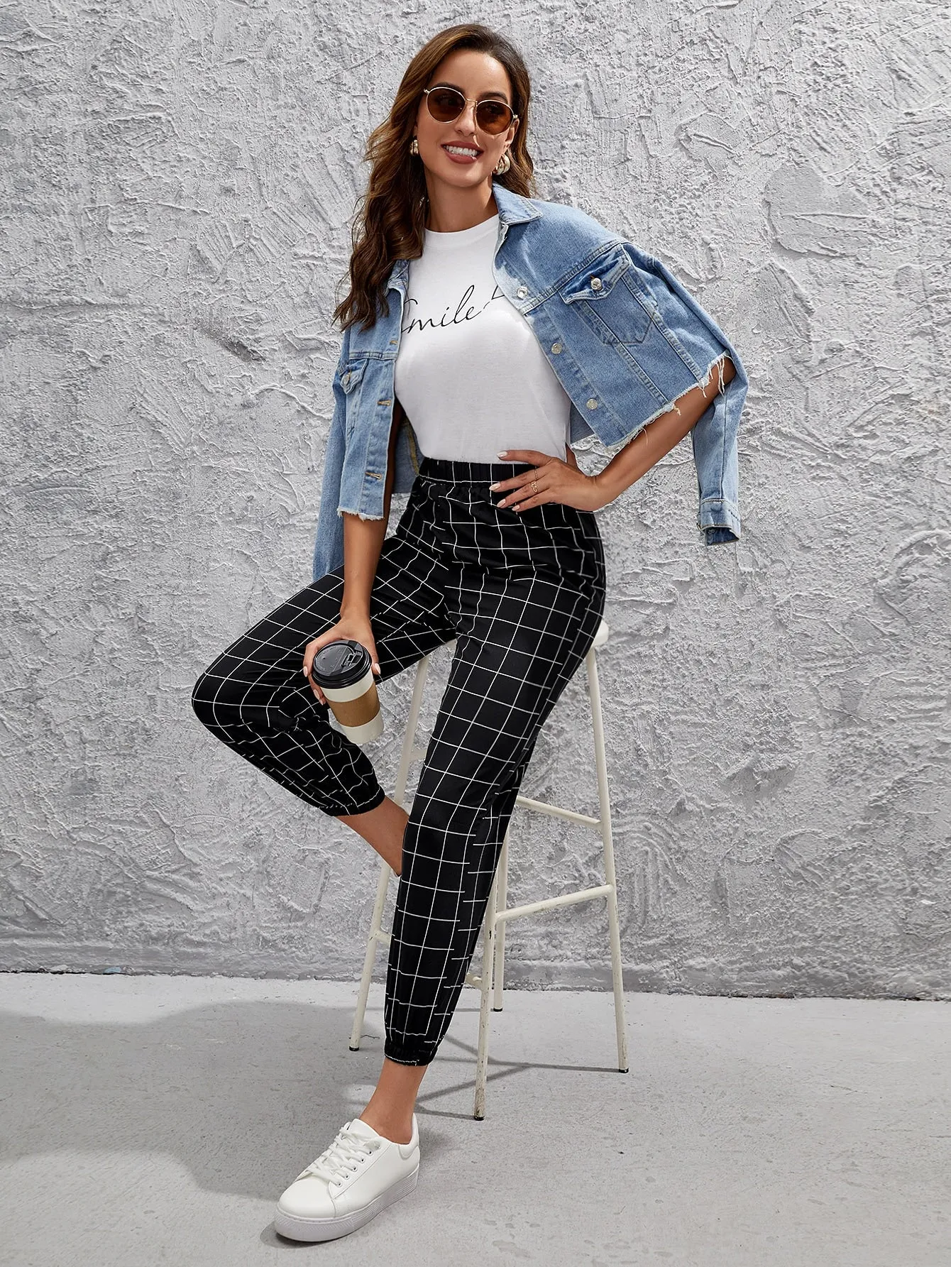 Casual Plaid High Waist Cropped Women Pants