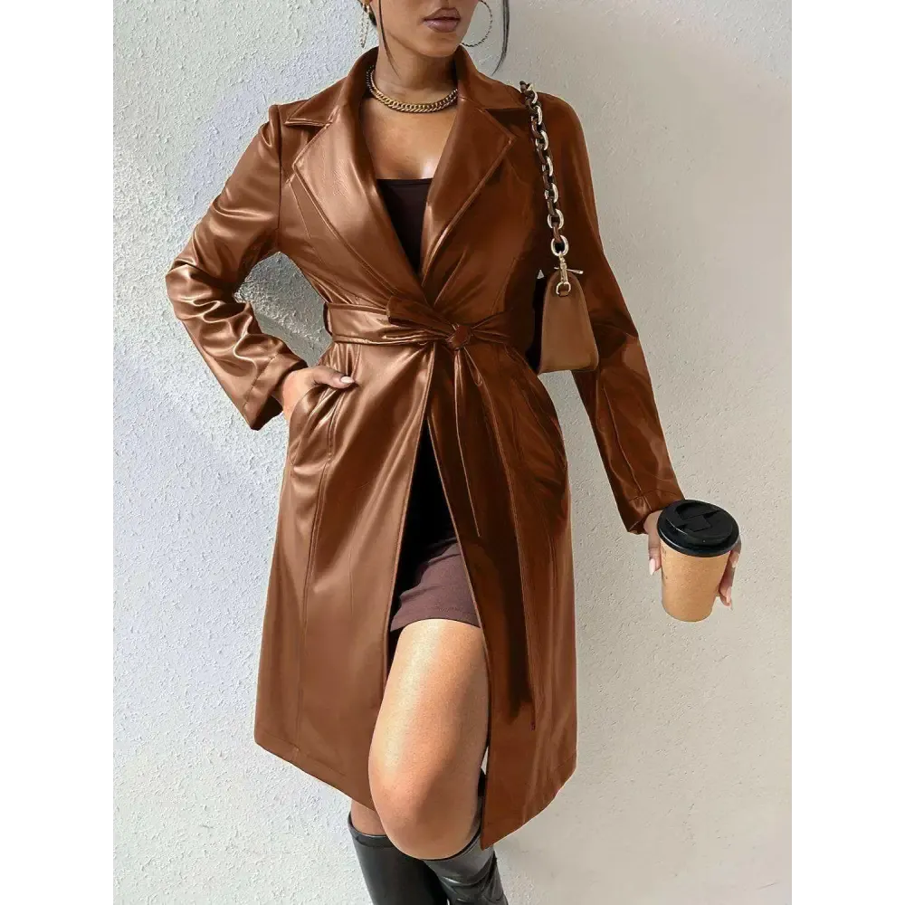 Chic Tied PU Leather Trench Coat in Timeless Luxury Fashion for Women