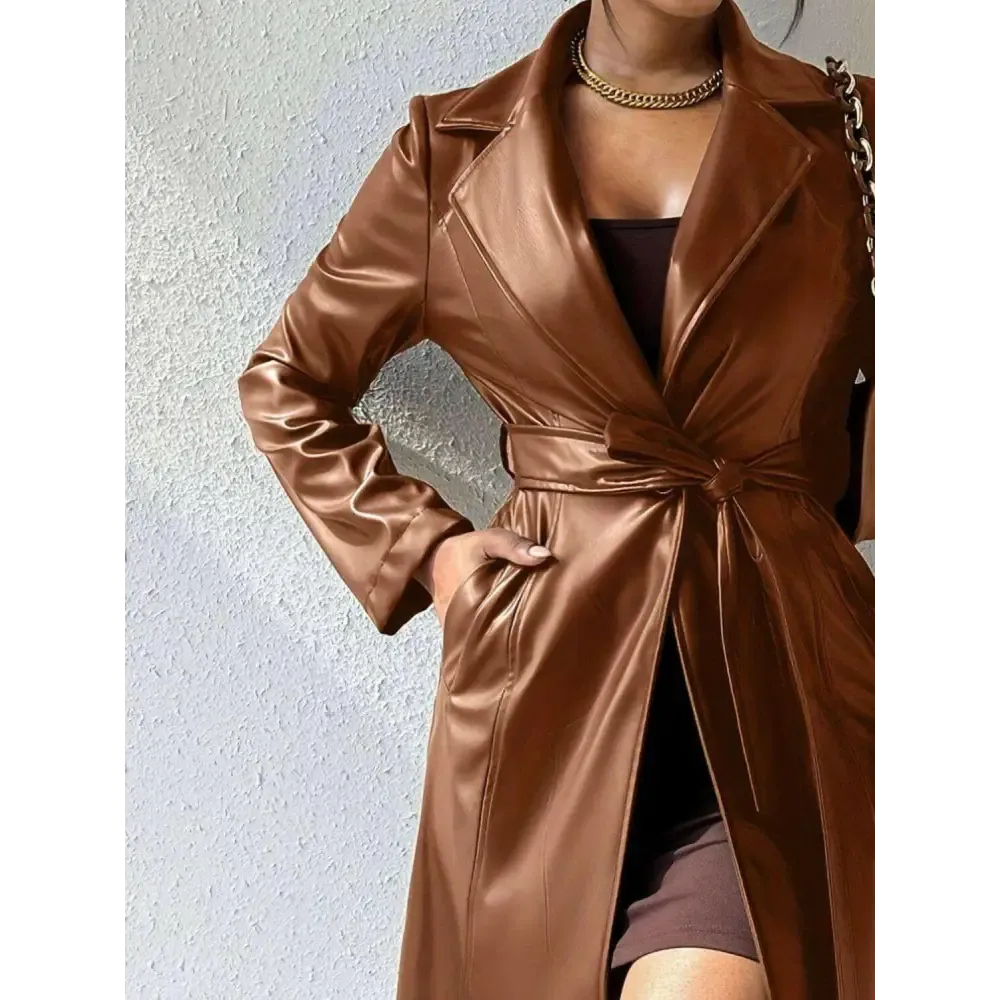 Chic Tied PU Leather Trench Coat in Timeless Luxury Fashion for Women