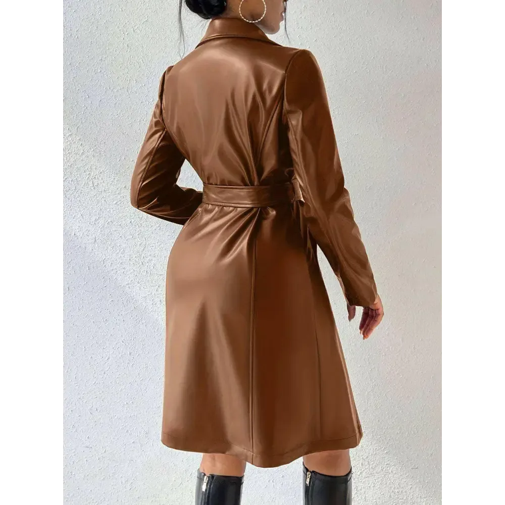 Chic Tied PU Leather Trench Coat in Timeless Luxury Fashion for Women