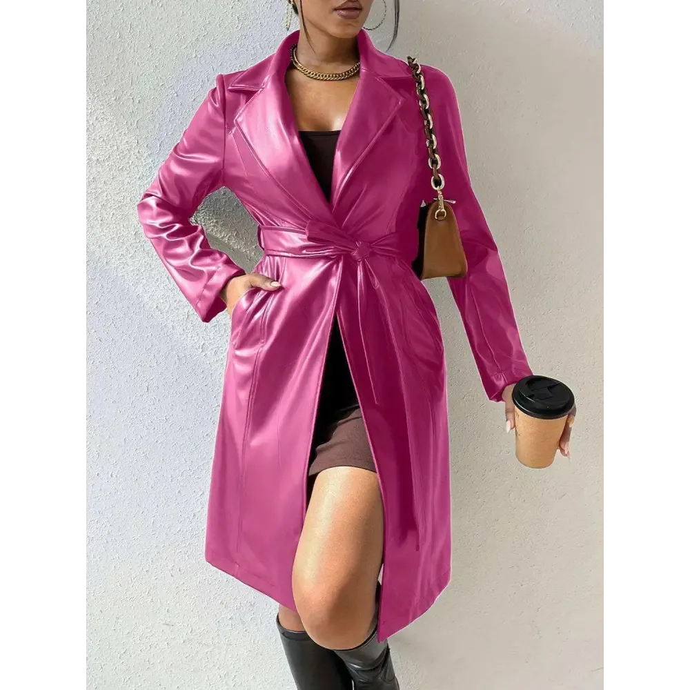 Chic Tied PU Leather Trench Coat in Timeless Luxury Fashion for Women