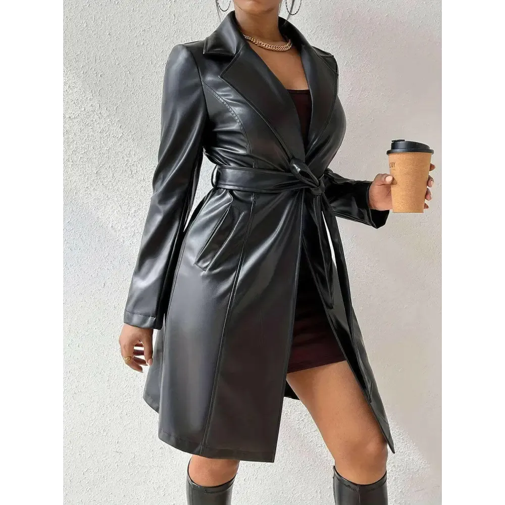 Chic Tied PU Leather Trench Coat in Timeless Luxury Fashion for Women