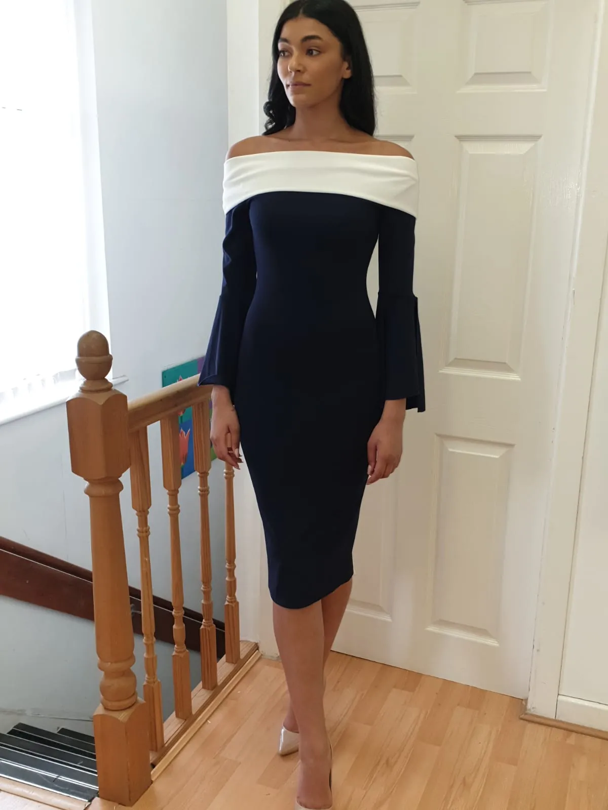 Colour block Bardot midi dress navy and ivory