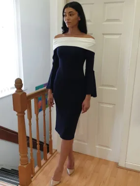 Colour block Bardot midi dress navy and ivory