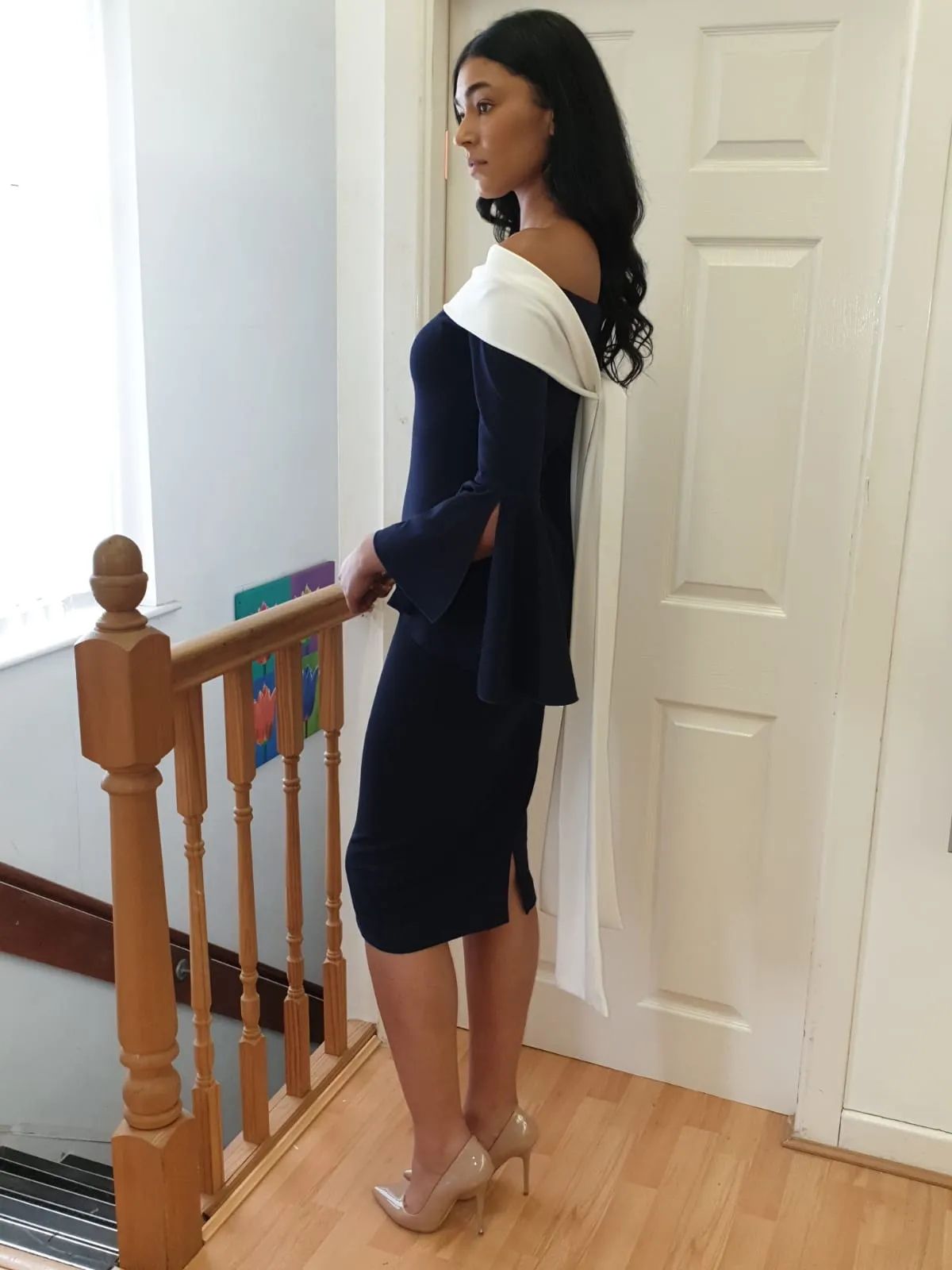 Colour block Bardot midi dress navy and ivory