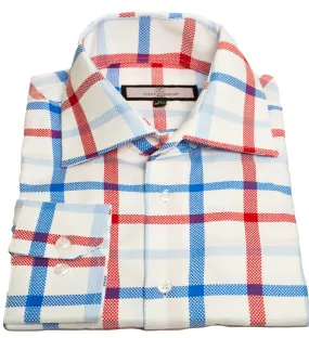 Connaisseur - White with blue and burgundy plaid slim fit dress shirt