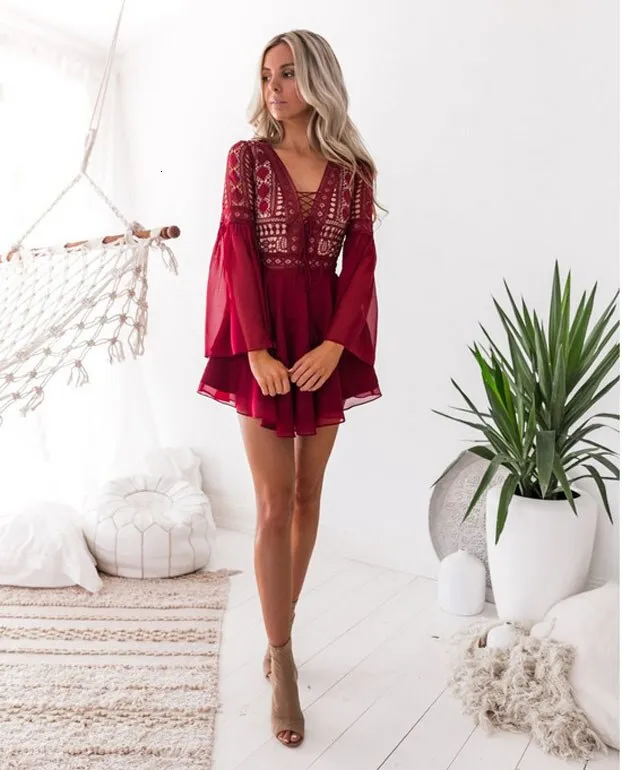 Criss Cross Semi-sheer Lace Dress - Black , White , Red