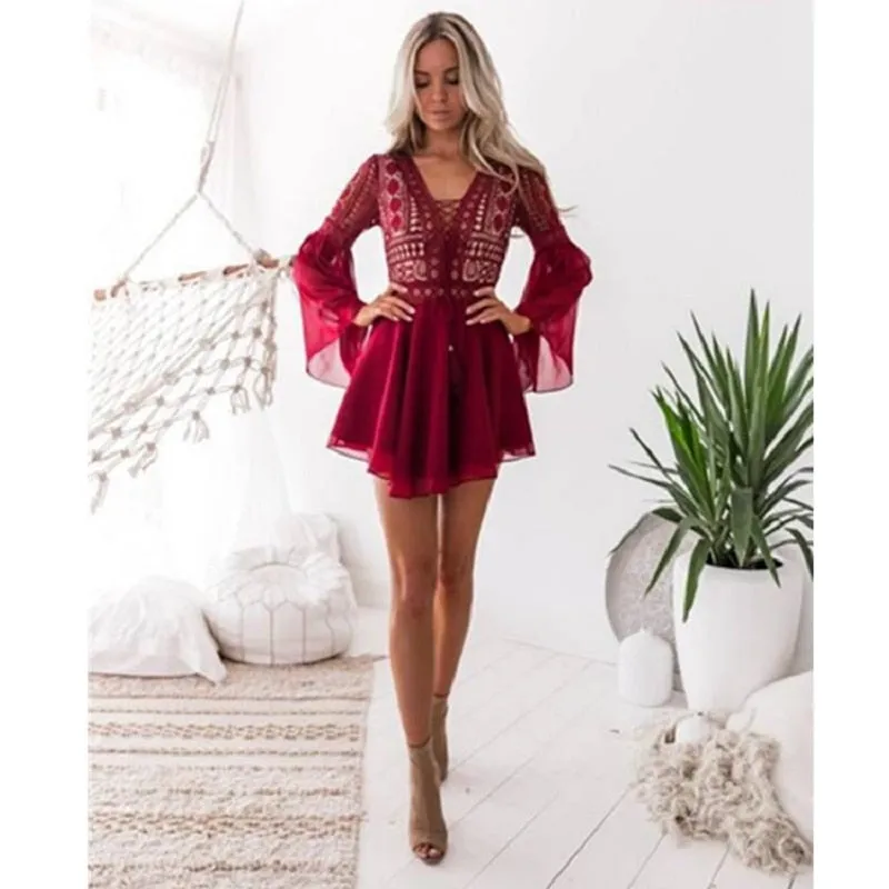 Criss Cross Semi-sheer Lace Dress - Black , White , Red