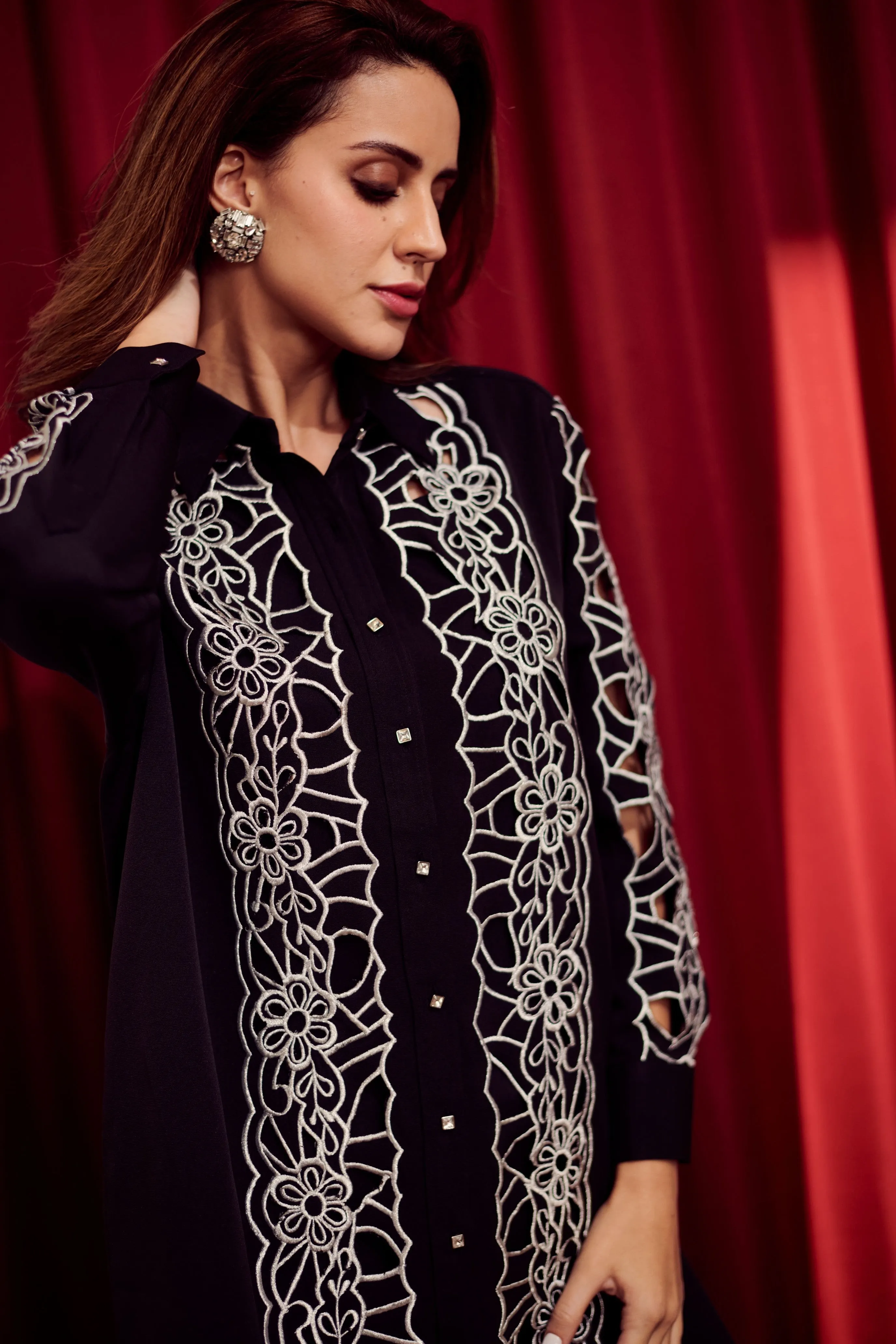Cutwork Metallic Embroidered Shirt for Ladies