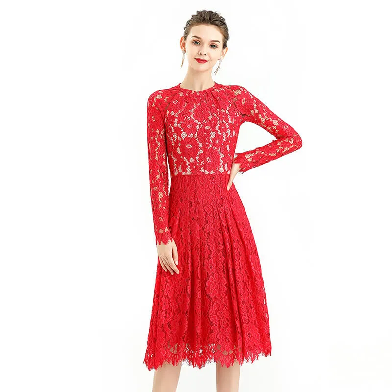 D080-2 Women floral scallop lace long sleeves flared pleated party midi dress