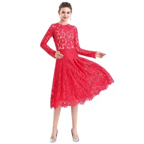 D080-2 Women floral scallop lace long sleeves flared pleated party midi dress